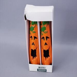 Midwest Halloween Pumpkin Taper Candles Sculptured Pair Orange Green Vines 9"